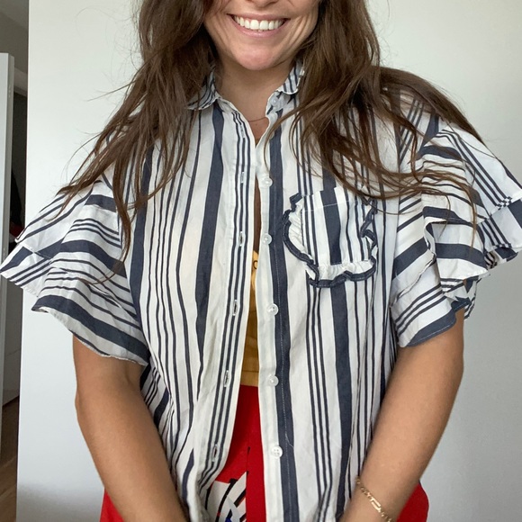 A new day ruffled sleeves button down boxy blouse - Picture 5 of 8